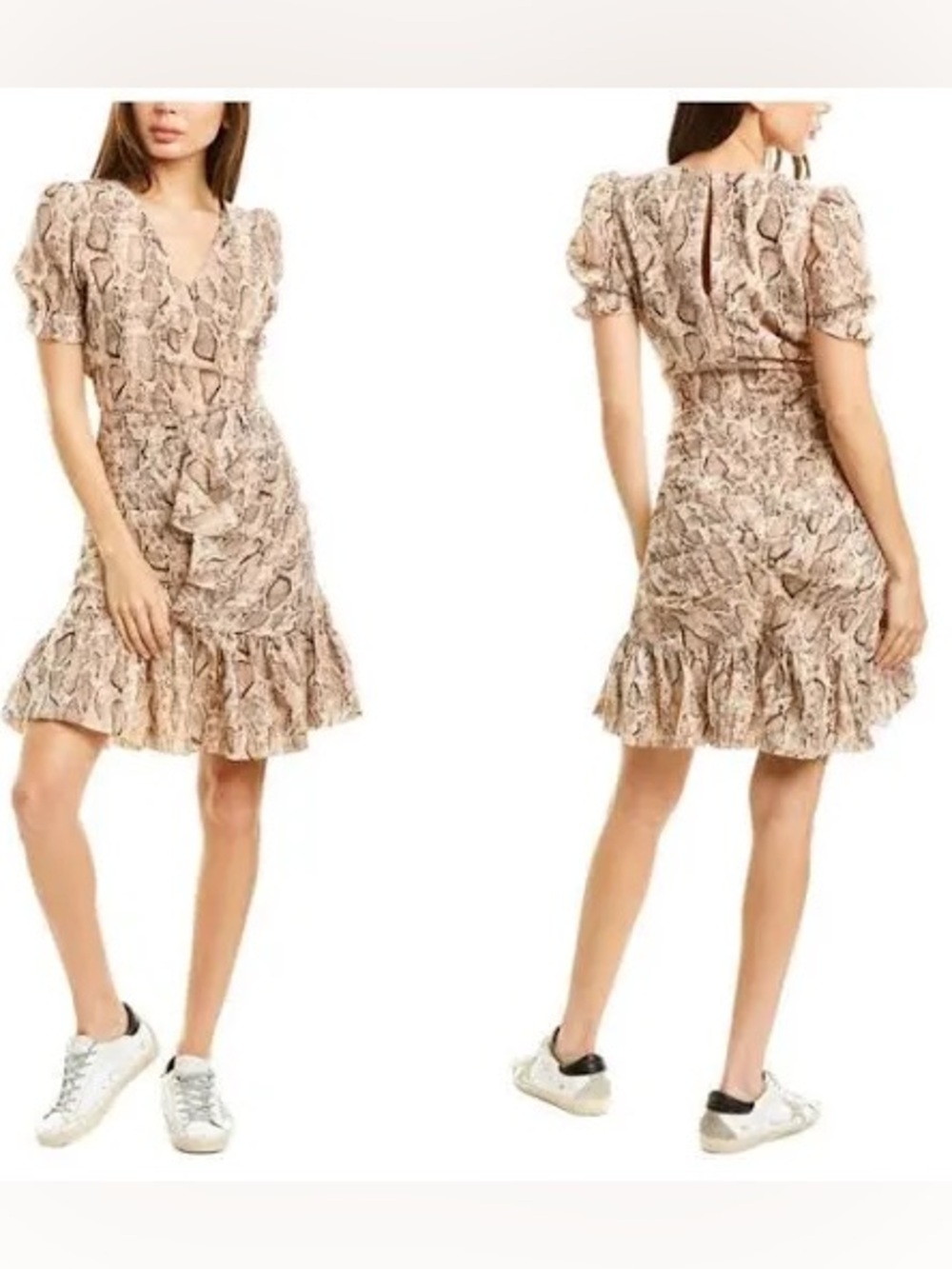 Walter Baker Dusty Python Treyton Dress Faux Wrap Puff Sleeve Tan 4 NEW $228